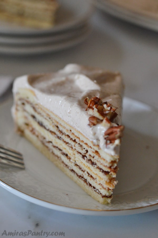 A piece of cinnamon cake on a plate