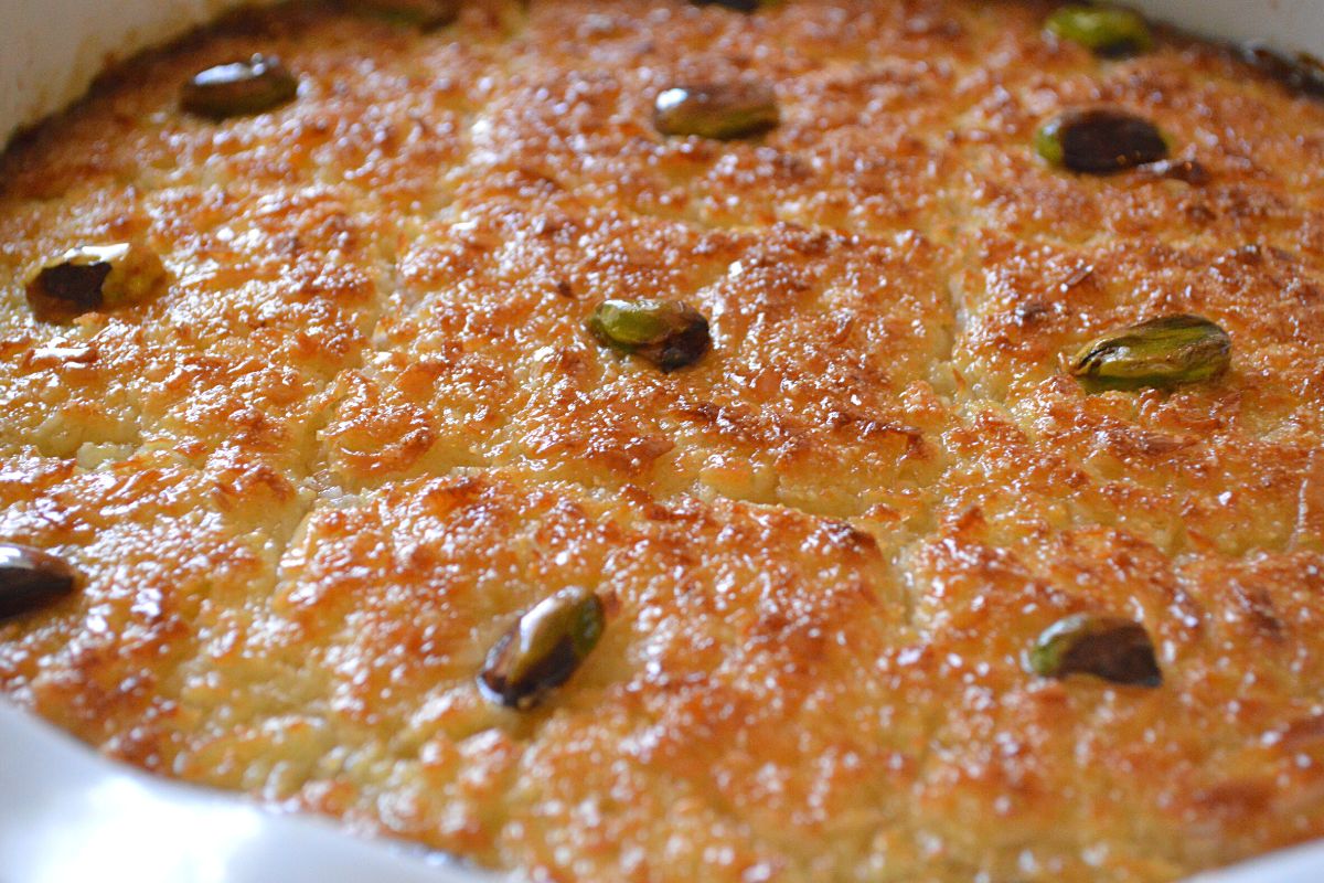 A close up look at a baking dish with baseema.