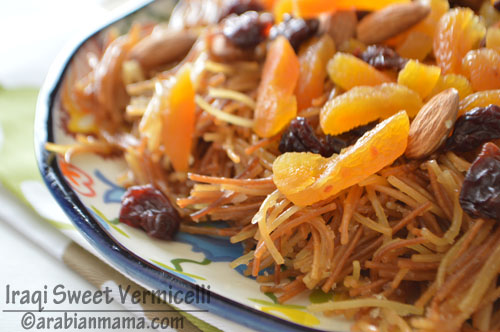 A dish is filled with vermicelli, dried fruits and nuts