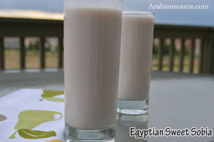 A photo showing two glasses of Sobia drink on a table