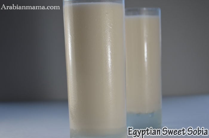 A photo showing two glasses of Sobia drink on a table