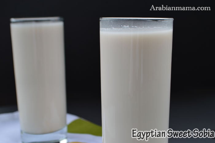 A photo showing two glasses of Sobia drink on a table