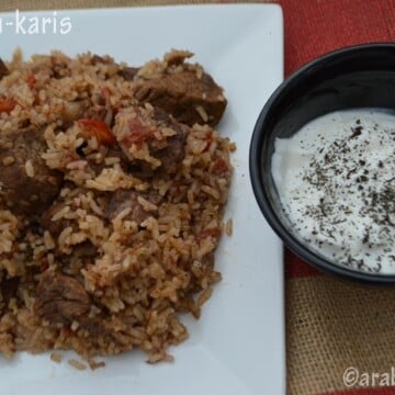 A close up of a plate of food with rice and meat, cup of yogurt dip