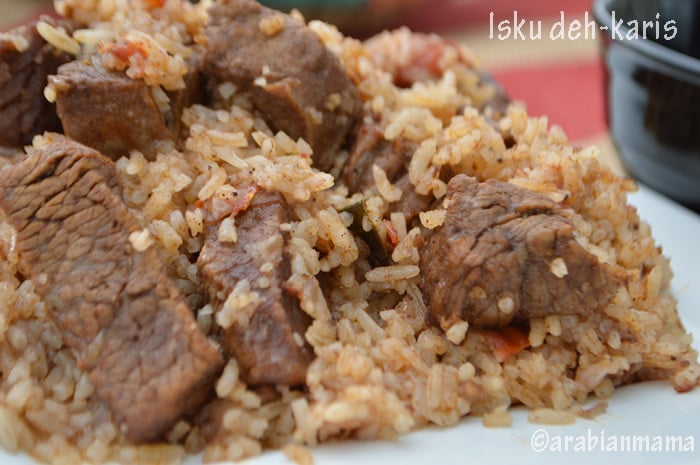 A close up of a plate of food with rice, and meat