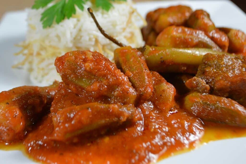 Okra stew with rice.