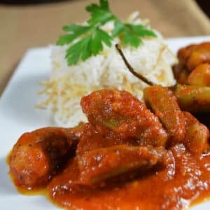 Okra stew with rice on a white plate.