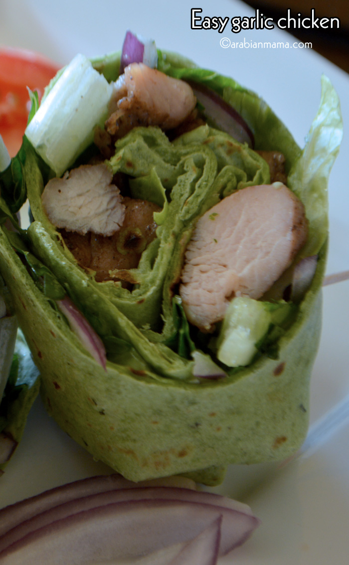A plate of food with a sandwich wrap and Chicken