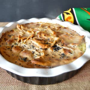 Bread pudding in a baking dish.