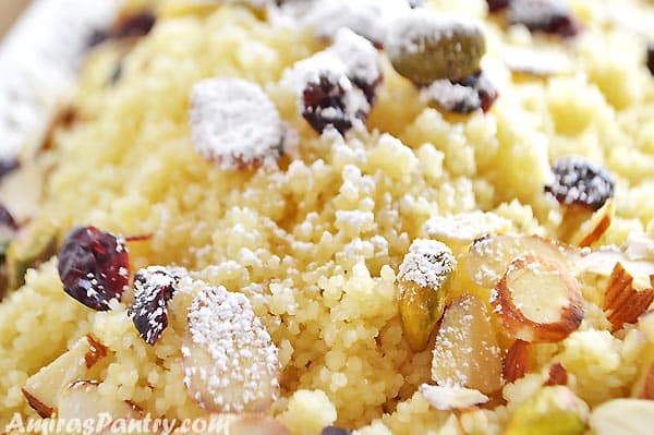 A close up of food, with Couscous and nuts