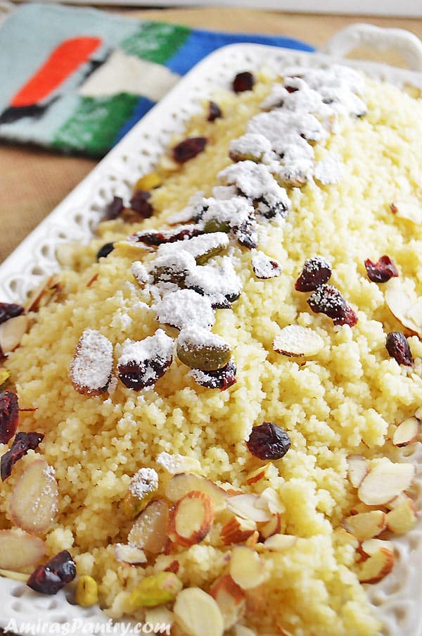 A close up of food, with Couscous and nuts