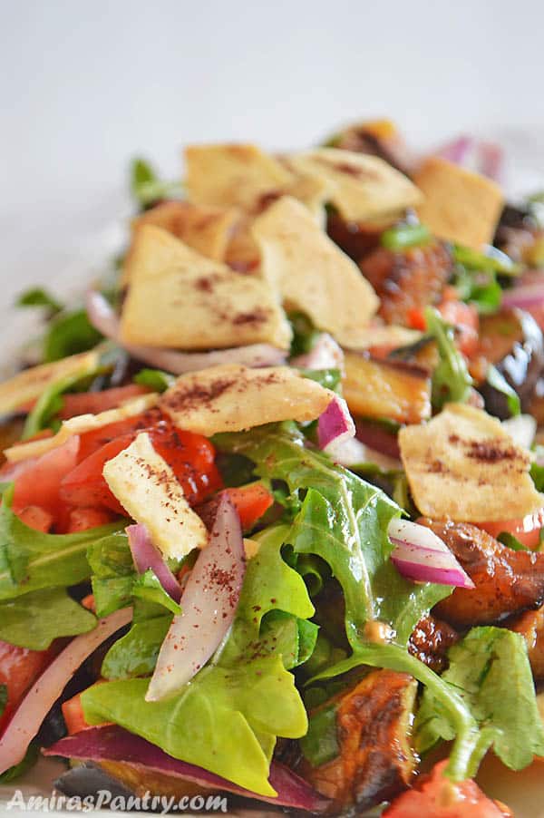 Eggplant salad on a white dish with pita chips