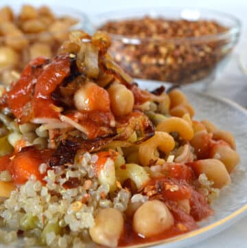 Egyptian Koshari made with quinoa on a plate.