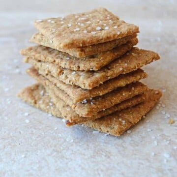 A stack of flatbread crackers sprinkled with sea salt