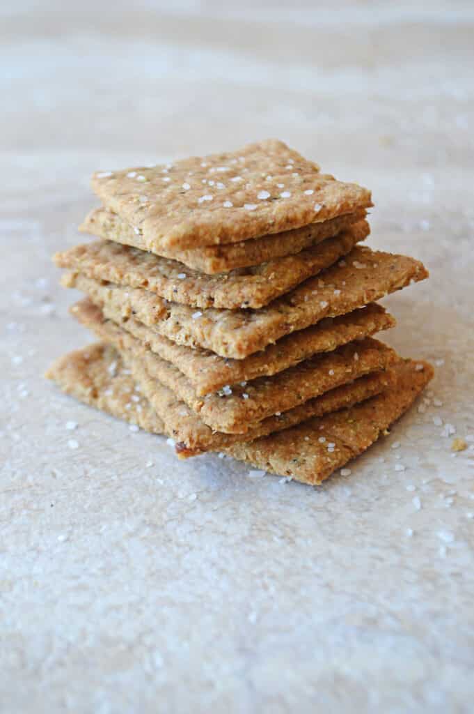 A stack of flatbread crackers sprinkled with sea salt