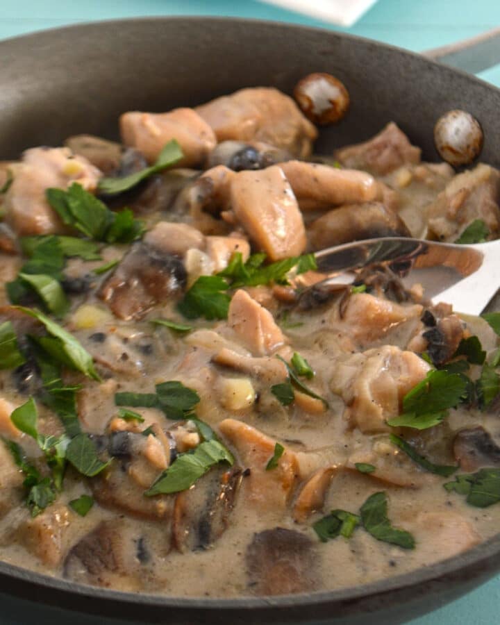 Chicken in mushrrom sauce in a skillet.