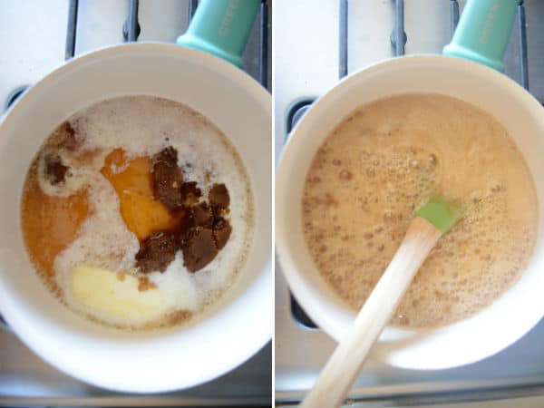 A pot with the wet ingredients mixed and boiled.