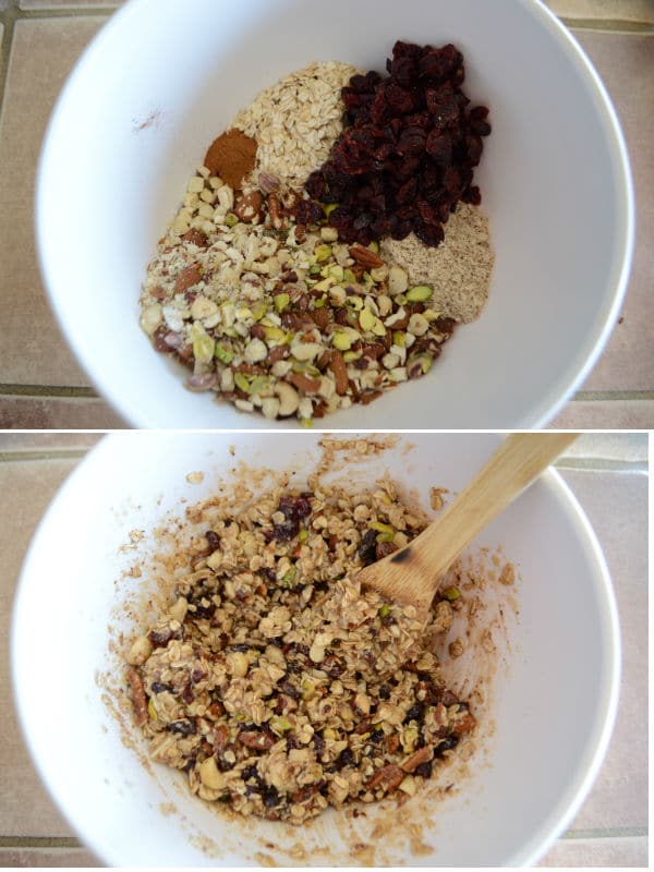 Dry ingredients in a deep bowl, then mixed up with the honey wet mixture.