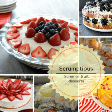 An infograph for Summer fruits recipes and cake with fruit on top of a table