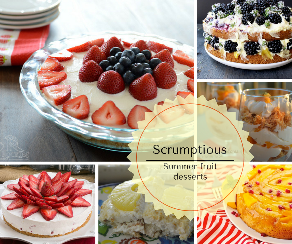 An infograph for Summer fruits recipes and cake with fruit on top of a table