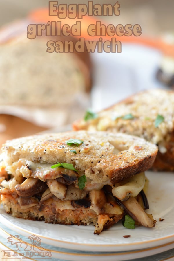 A close up of a sandwich on a plate, with eggplant and cheese