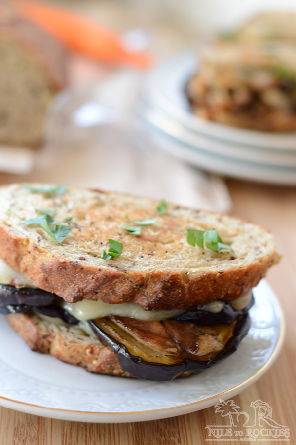 A close up of a plate of food, with Eggplant and Sandwich