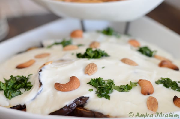 A plate of food, with Eggplant and Fatteh