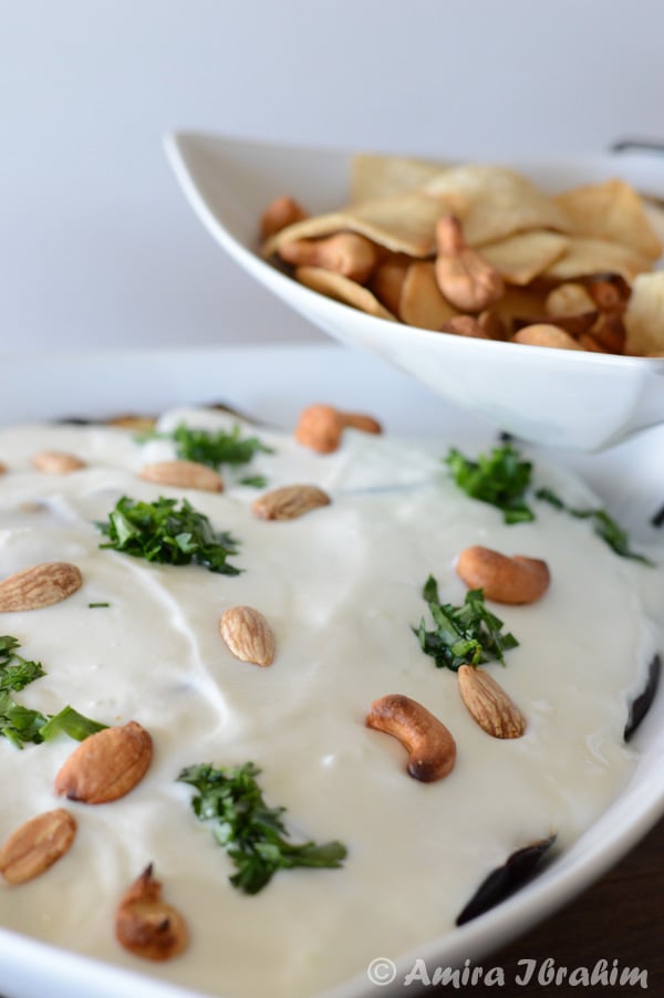 A plate of food, with Eggplant and Yogurt