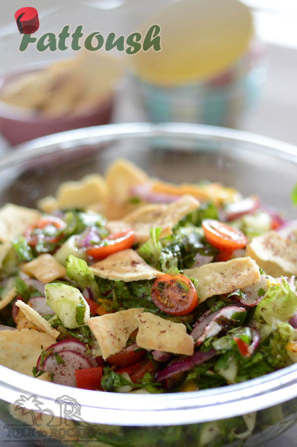 A bowl of salad, with Fattoush and Pita bread