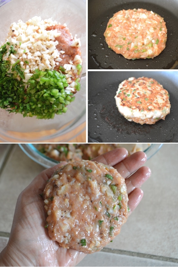 Steps showing how to make Italian sausage and cauliflower patties.