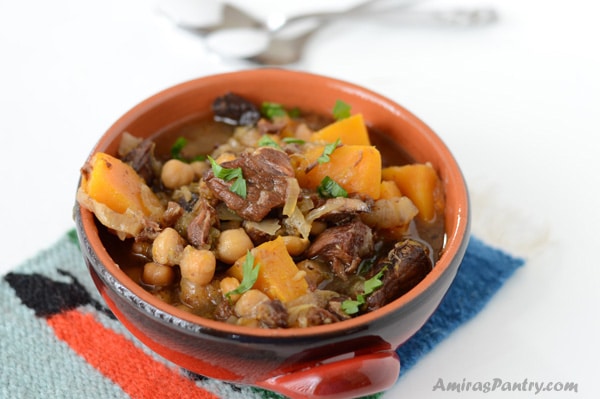 A bowl of soup, with Beef and Butternut squash
