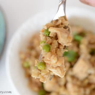 A close up of a plate of food, with Barley on a spoon