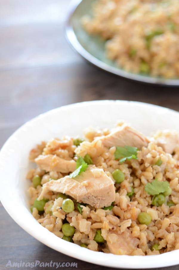 A bowl of food on a plate, with Barley and Risotto