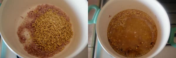 A bowl of food on a stove, with onions and barley