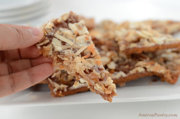 A close up of a plate of food, with caramel heavenlies