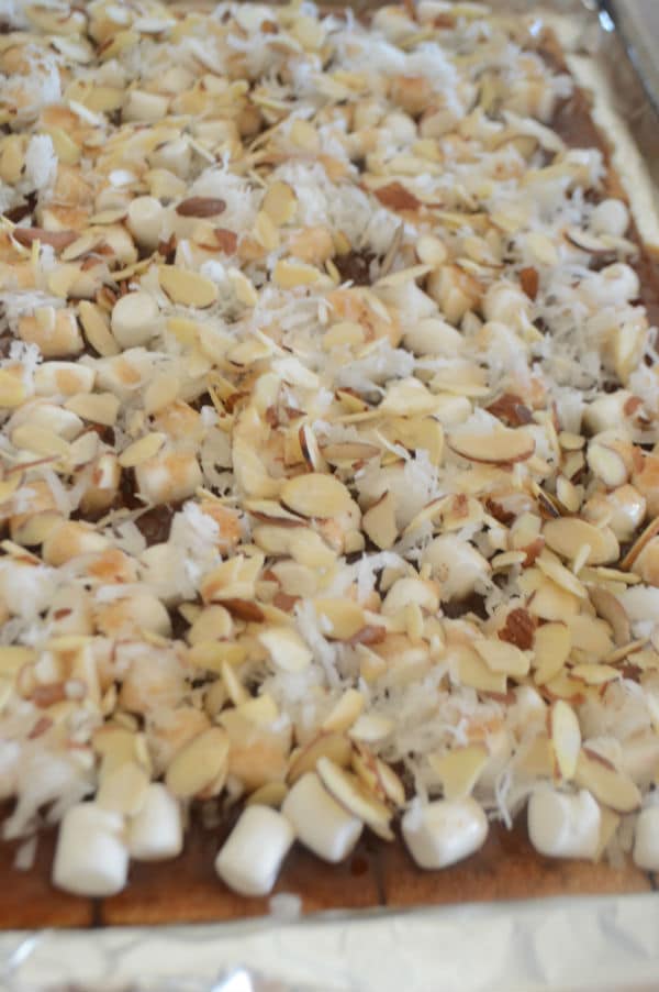 A photo showing a pan with biscuits, Marshmallow and nuts