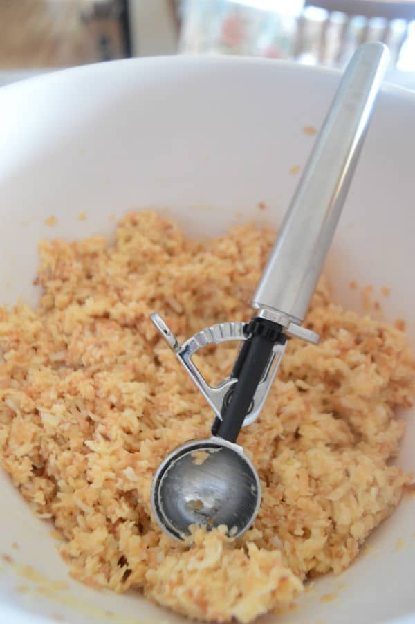 A bowl of food, with Macaroon mixture and spoon