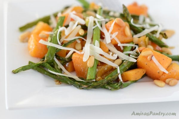 A plate of food, with with Butternut squash and vegetables