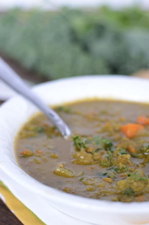 A bowl of soup, with kale and spoon