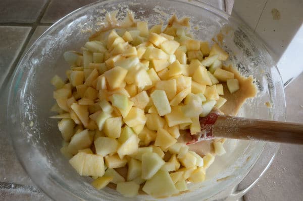 A photo showing a bowl with a mixture and apples