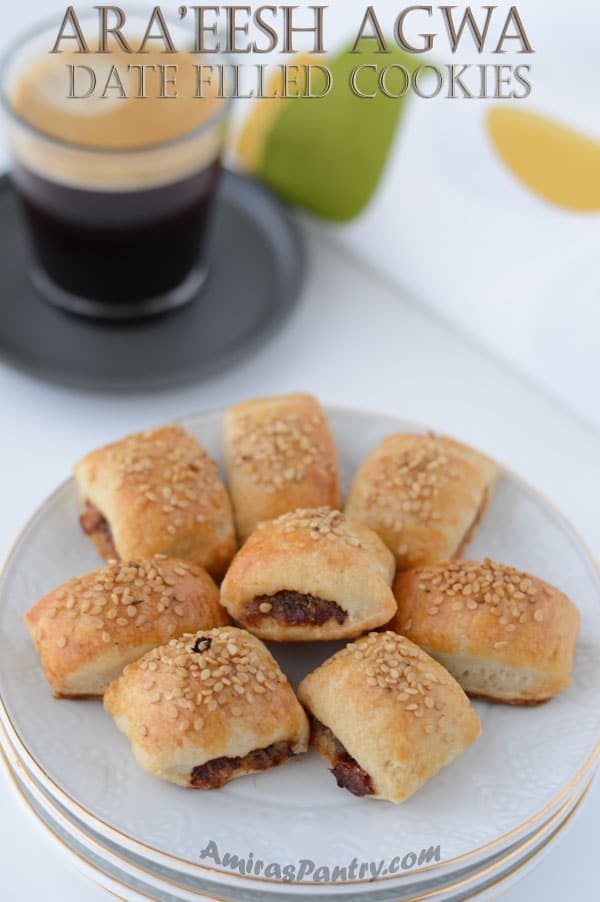 A plate of food and a cup of coffee, with Cookie and Date Filled