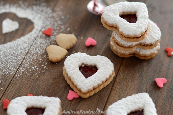 A close up cinnamon hearts cookies