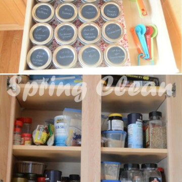 Photos showing spring clean organizing shelves