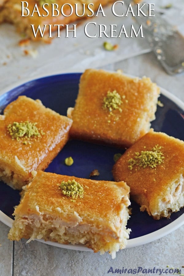 A plate of food, with Basbousa cake pieces