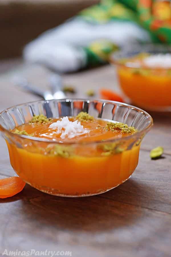 A glass cup with Apricot pudding