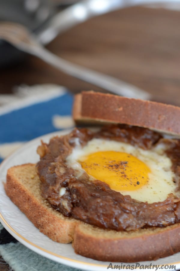 A close up of a sandwich with Date paste and eggs