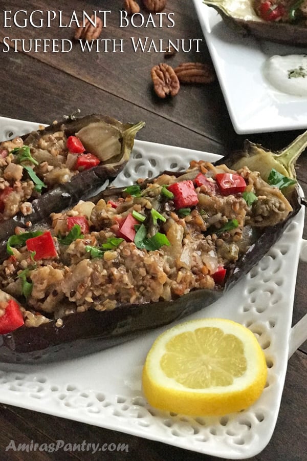 A photo showing different types of food on a table, with Walnut and Eggplant