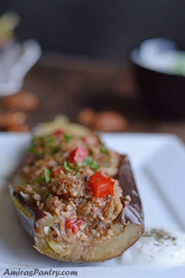 A close up of a plate of food, with Eggplant Boat and meat