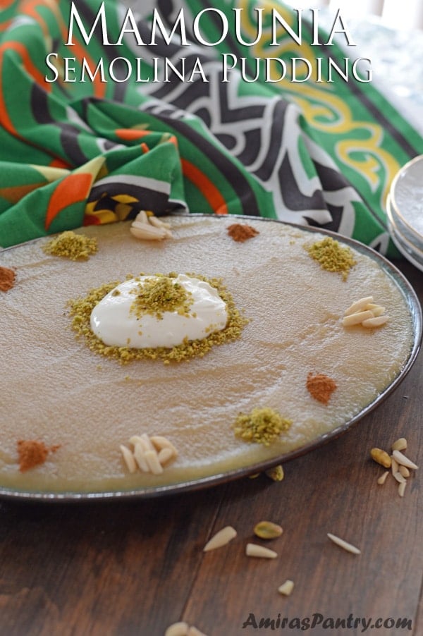 A plate with food on a table, with semolina pudding