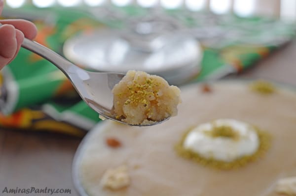 A close up of food on a table, with Mamounia pudding and Semolina