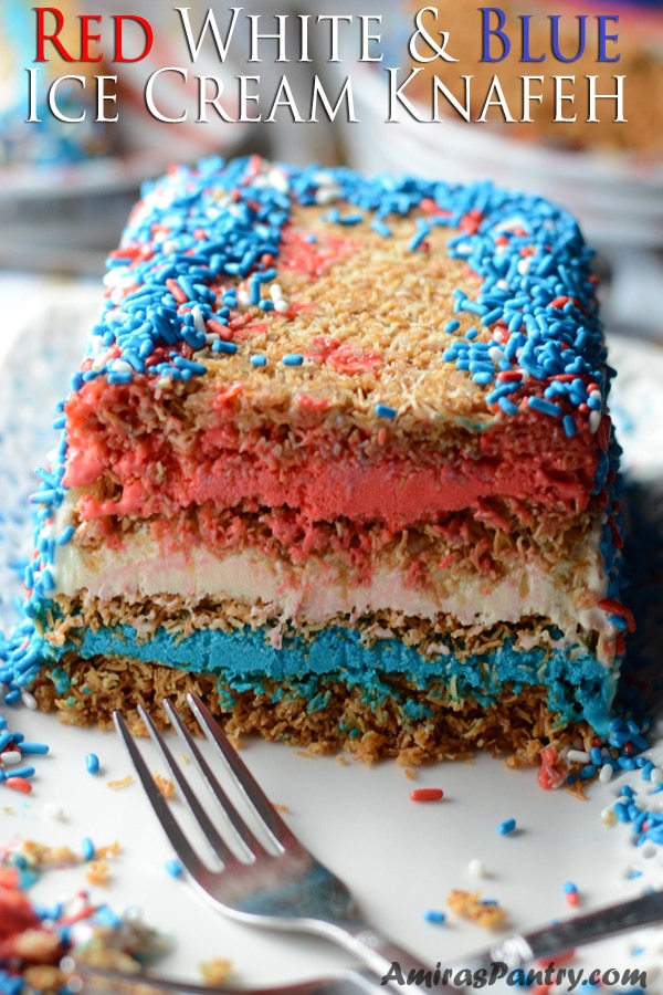 A close up of a piece of cake on a table, with Red White Blue Colors